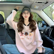 批发仿华棉复牛奶丝/后包领粉色V领设计感卫衣女潮牌宽松运动风<b class='q'>上衣</b>