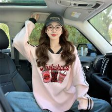 批发仿华棉复牛奶丝/后包领粉色V领设计感卫衣女潮牌宽松运动风<b class='q'>上衣</b>