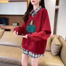 批发实拍后包领斜纹 上衣薄款POLO领格子假两件卫衣长袖男女
