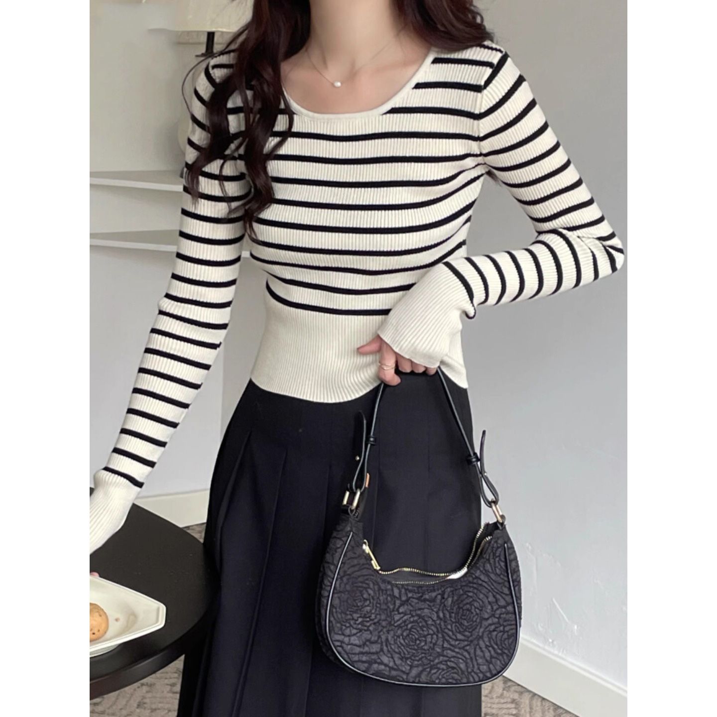 MY15391# 包芯纱  法式方领撞色条纹针织衫毛衣女女裝貨源服裝批發