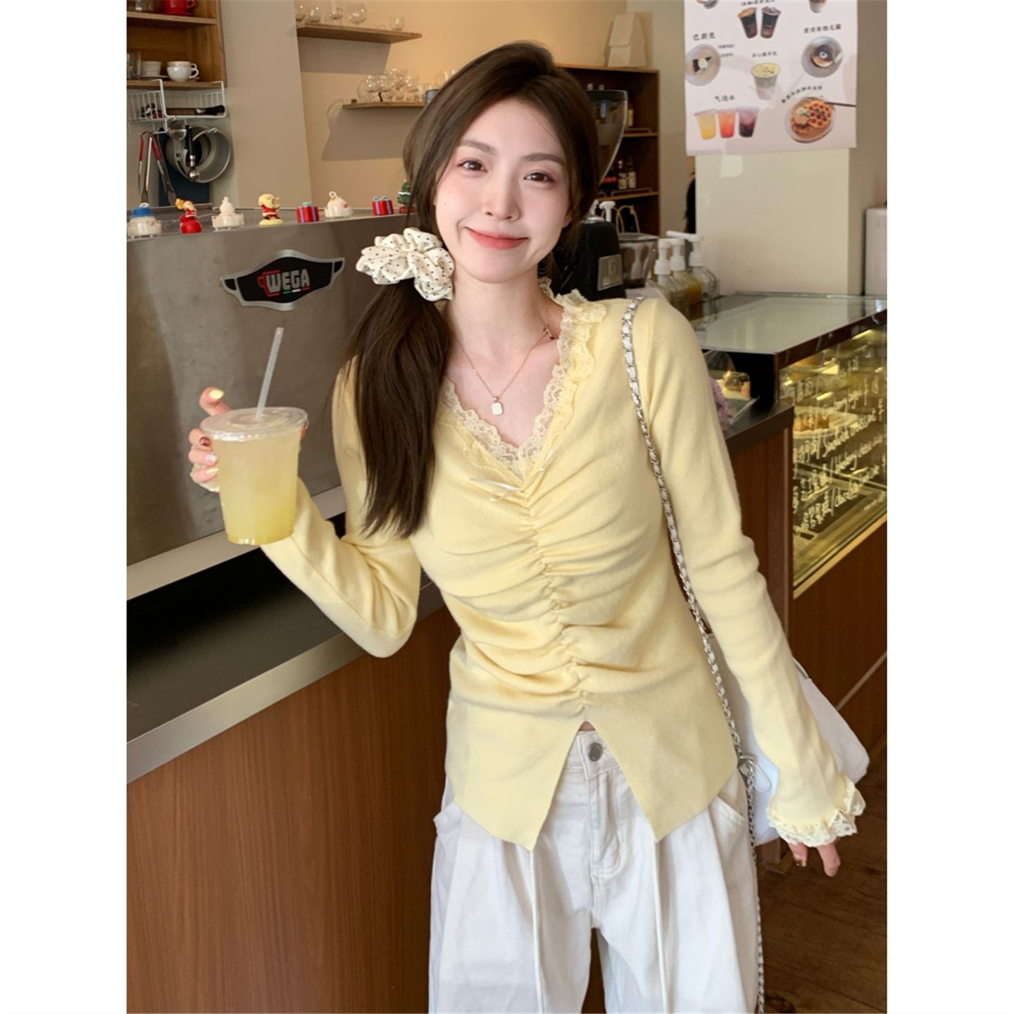 MY15386# 设计感小众深v领蕾丝打底针织毛衣女女裝貨源服裝批發