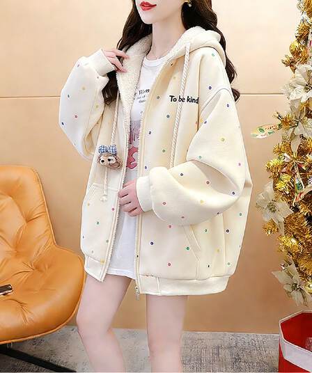 실사 후아 면 얇은 스타일 복잡한 우유 실크 가을 겨울철 루즈핏 도트 무늬 후드 재킷