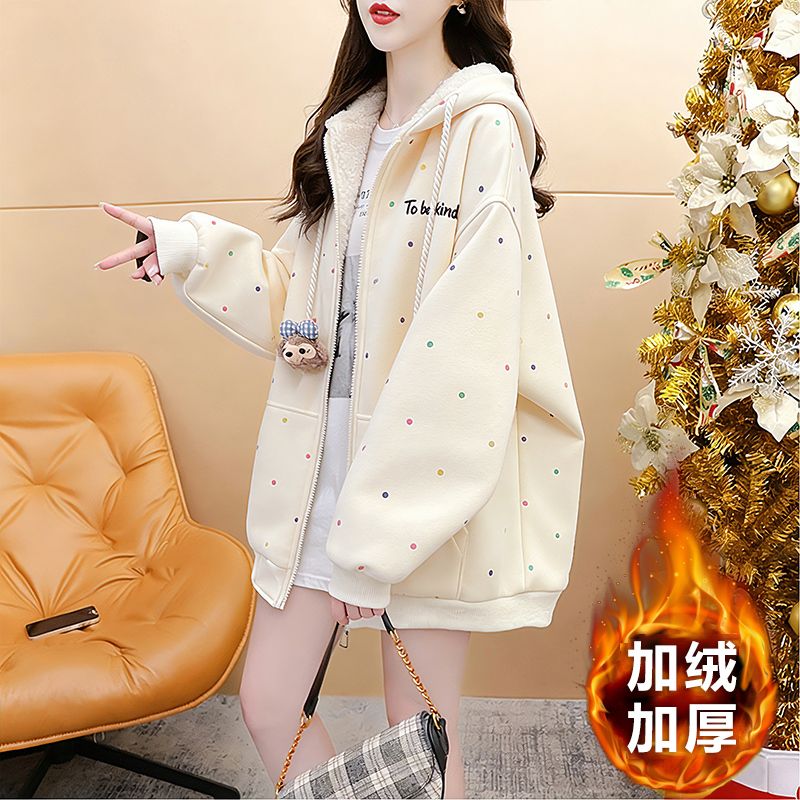 MY16659# 华棉加绒复米粒绒秋冬季宽松波点连帽外套女裝貨源服裝批發