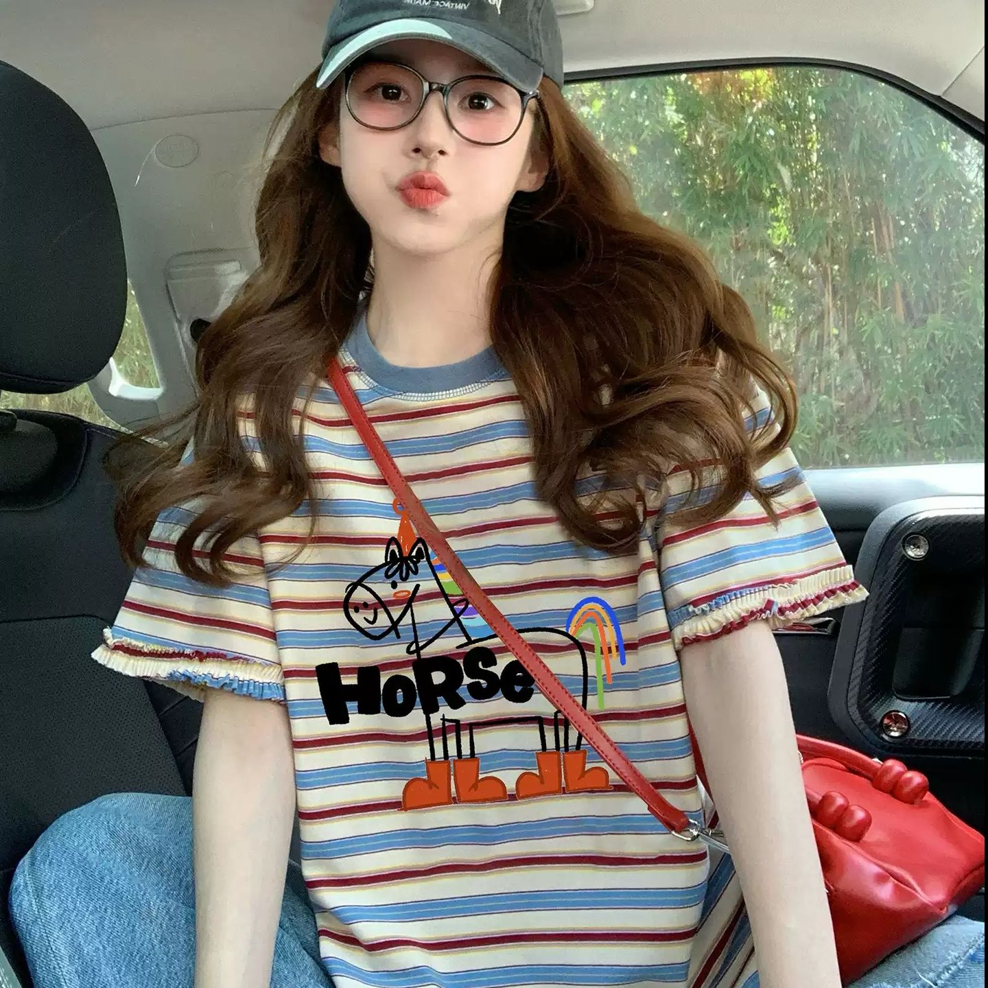 95棉5氨纶色织条整件针线原版做工螺纹领口纯棉短袖T恤女