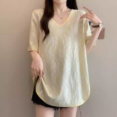 批发原版面料100棉短袖t恤女<b class='q'>大码</b>显瘦宽松遮肚蕾丝提花上衣<b class='q'>打底衫</b>