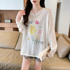 批发实拍雪花棉约65棉35涤防晒<b class='q'>T</b><b class='q'>恤</b><b class='q'>长袖</b>新款<b class='q'>宽松</b>休闲慵懒上衣女