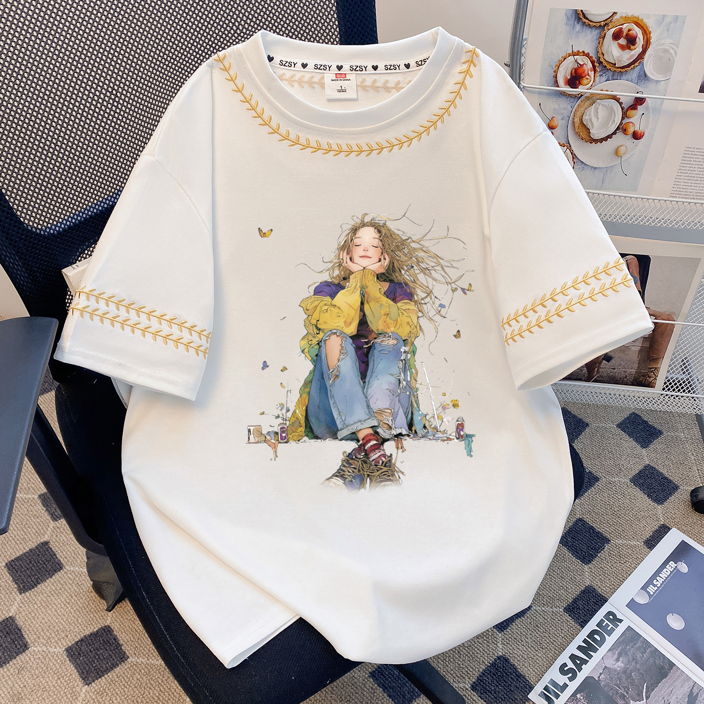 RY3233# 潮牌棉刺绣+压朴纸+印花300斤短袖t恤男女同款