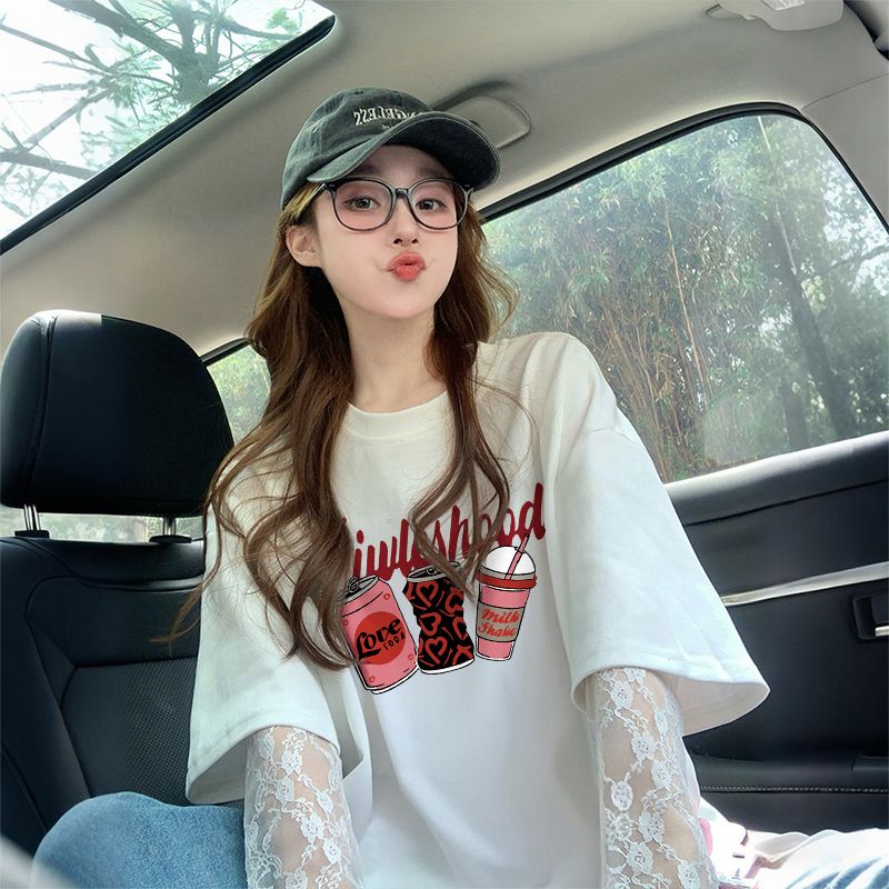 RY3229# 100%纯棉/后包领蕾丝拼接防晒宽松T恤女韩版减龄假两件百搭上衣