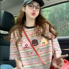 批发【95棉5氨纶色织条/后包领/精棉螺纹领】纯棉宽松<b class='q'>T</b><b class='q'>恤</b>女<b class='q'>中长款</b>