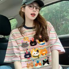 批发95棉5氨纶色织条/后包领/精棉螺纹领纯棉宽松<b class='q'>T</b><b class='q'>恤</b>女<b class='q'>中长款</b>