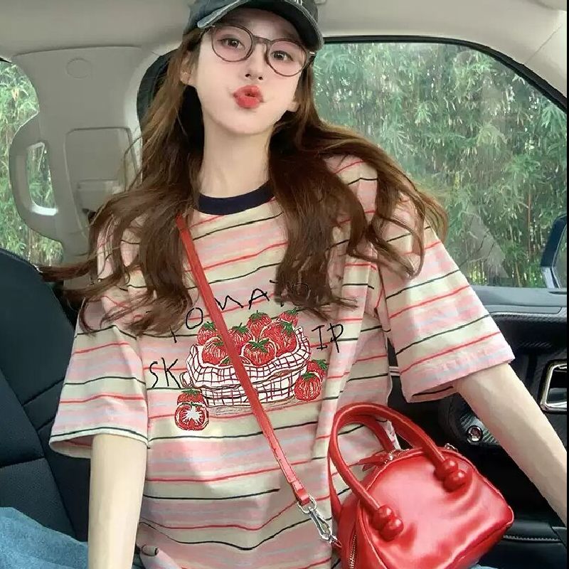 RY3228# 精棉螺纹领纯棉宽松T恤女中长款