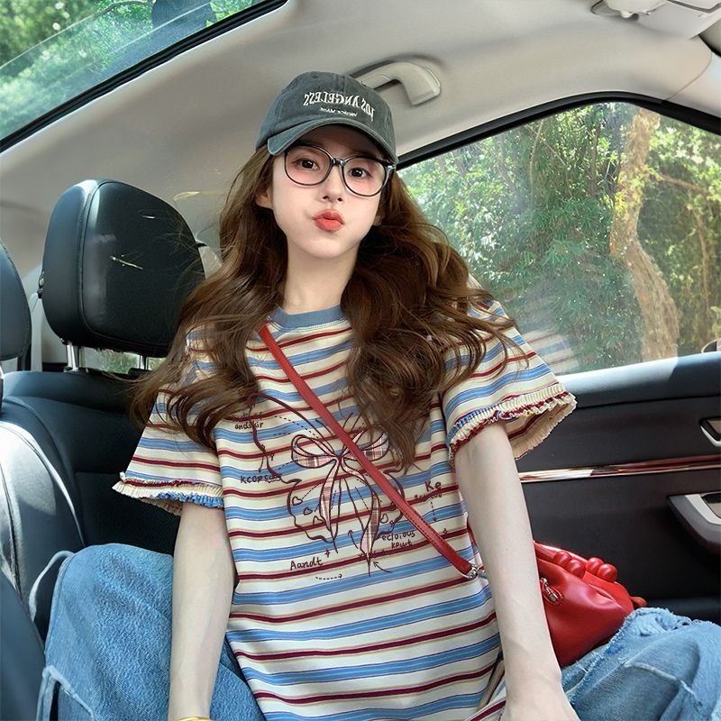 RY3227#整件针线原版做工螺纹领口纯棉短袖T恤女