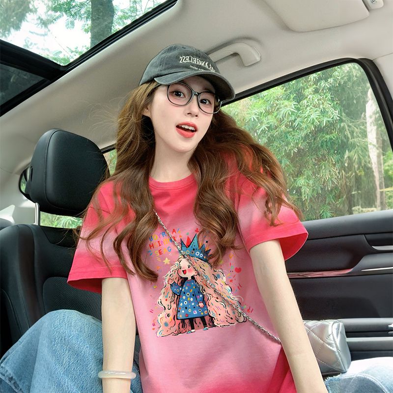 RY3225#纯棉/后包领爆款渐变扎染短袖t恤女夏季宽松设计感上衣ins