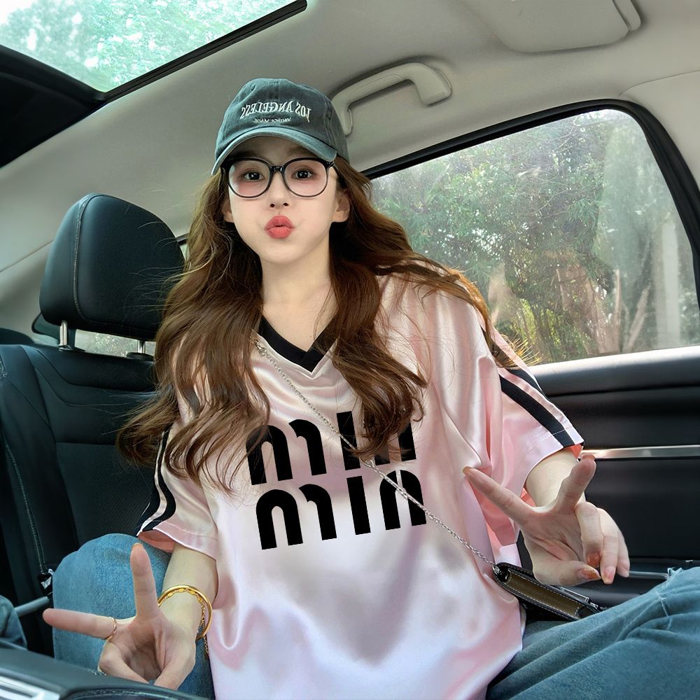 RY3224# 原版面料/后包领球衣运动风宽松T恤女中长款V领设计感上衣