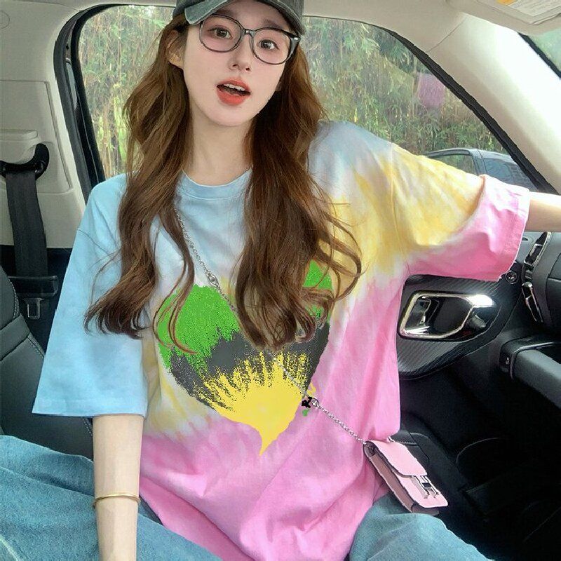 RY3221#纯棉食毛/后包领夏日多巴胺彩色渐变宽松T恤女扎染显瘦上衣