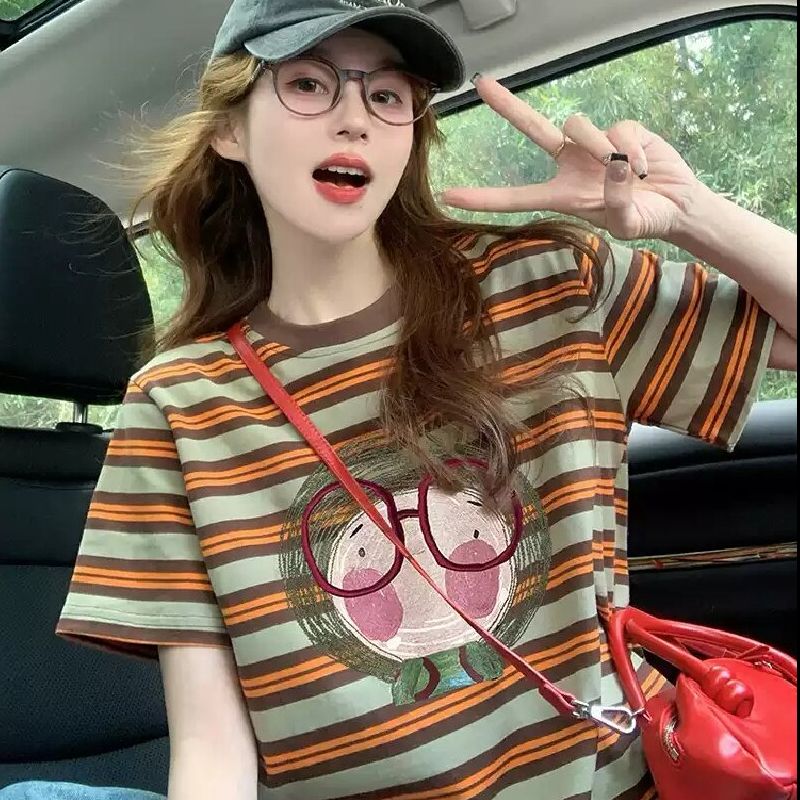 RY3223#精棉螺纹领纯棉宽松T恤女撞色条纹上衣