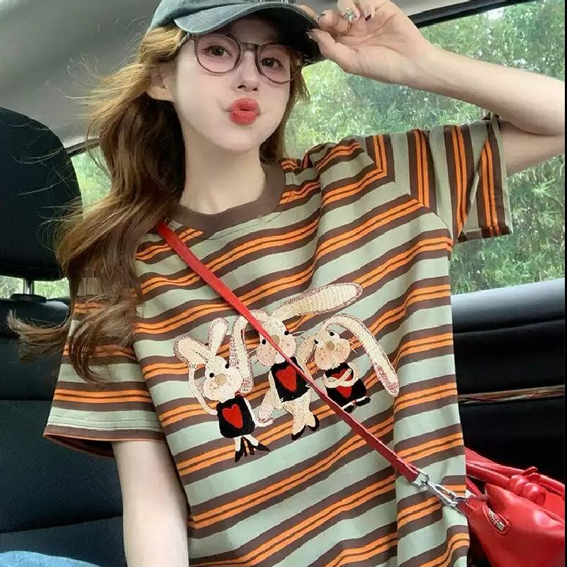 RY3222# 精棉螺纹领纯棉宽松T恤女撞色条纹上衣