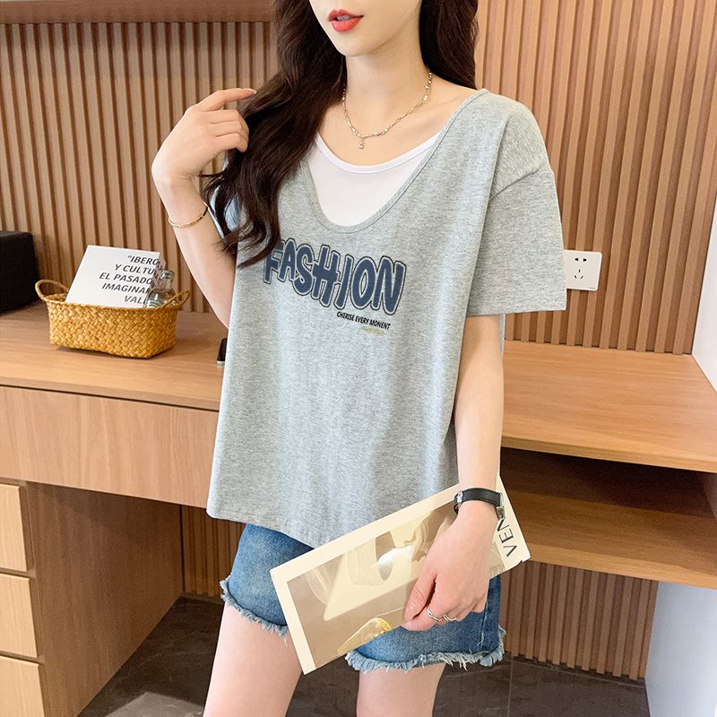 RY4368# 纯棉/后包领/宽松假两件撞色设计感短袖T