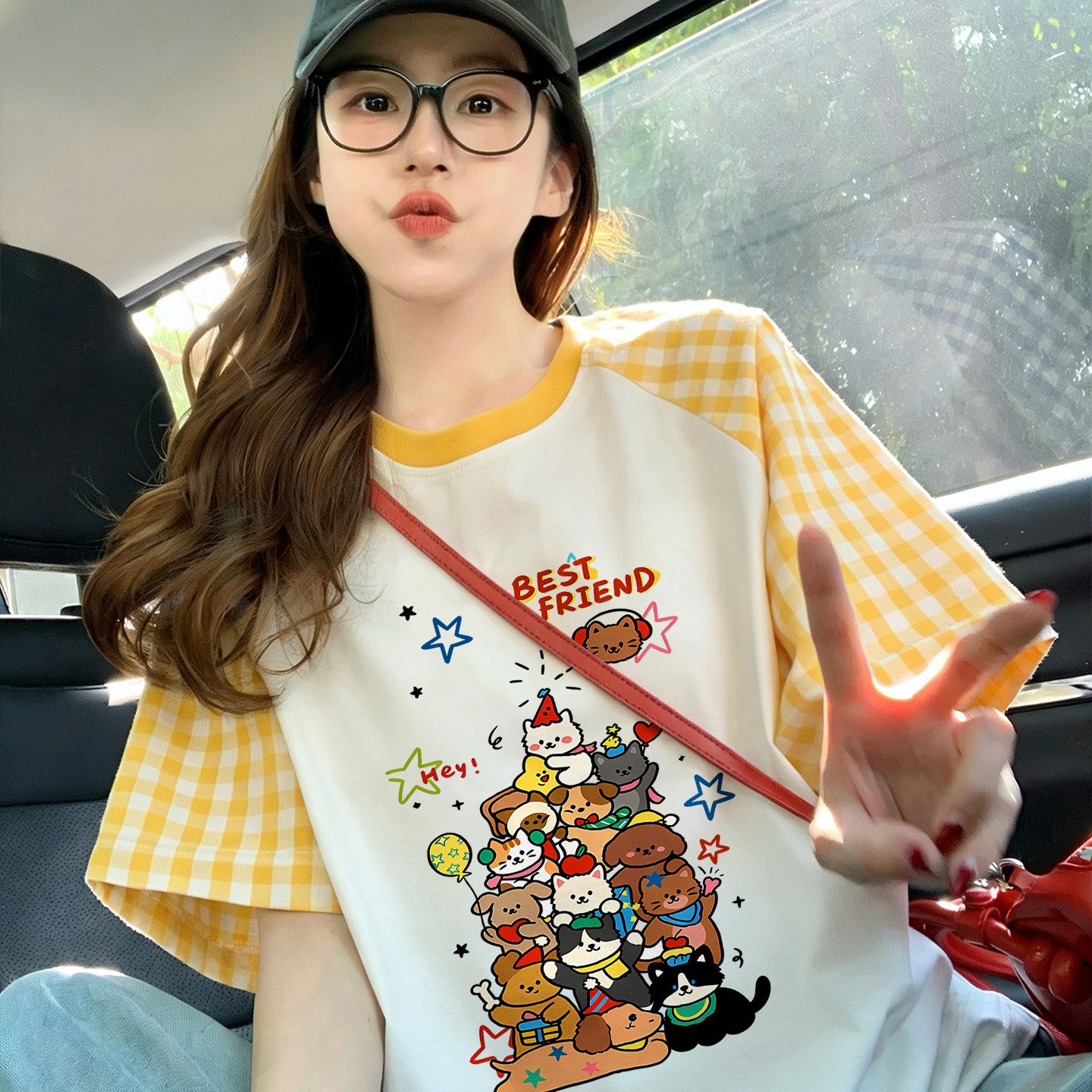 220 그램 순면 이후 패키지 칼라 체크무늬 배색 삽입 어깨 반팔 티셔츠 여성 2026 여름 프린트 맨위