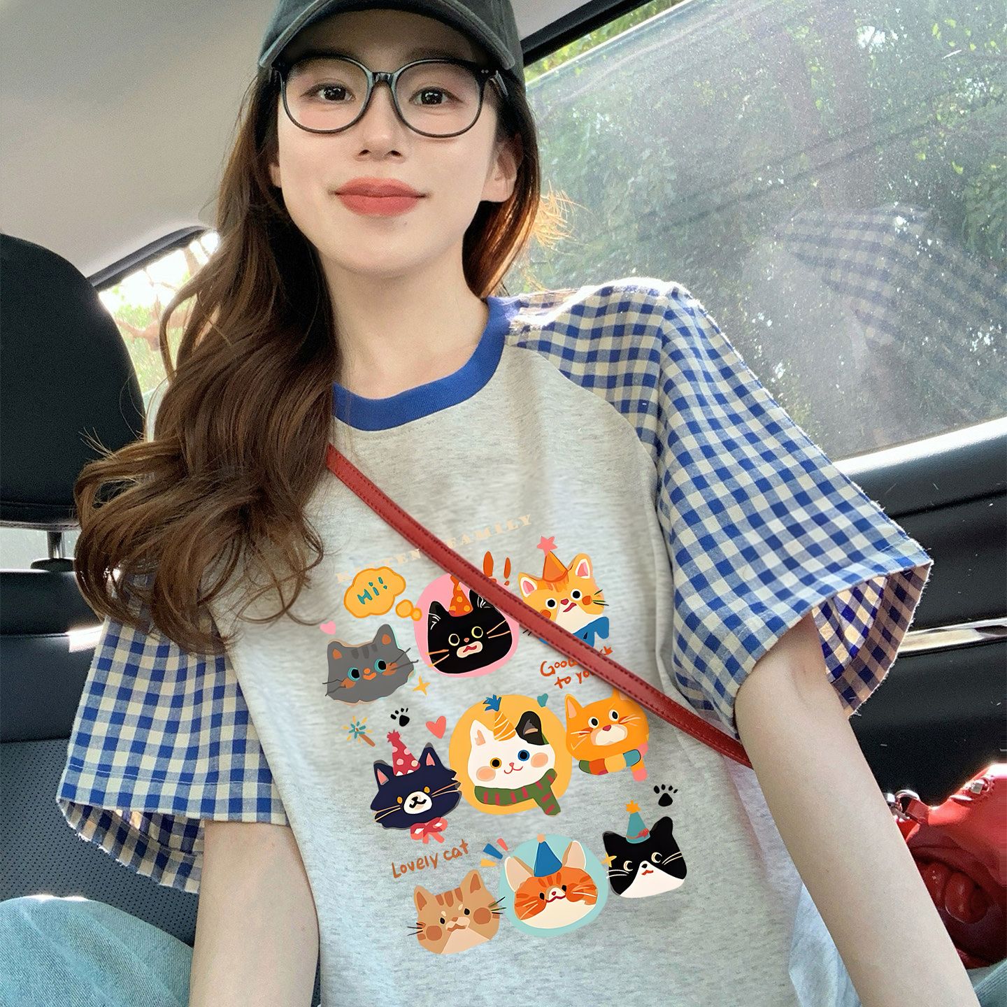 220 그램 순면 이후 패키지 칼라 체크무늬 배색 삽입 어깨 반팔 티셔츠 여성 2026 여름 프린트 맨위