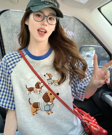 220 그램 순면 이후 패키지 칼라 체크무늬 배색 삽입 어깨 반팔 티셔츠 여성 2026 여름 프린트 맨위