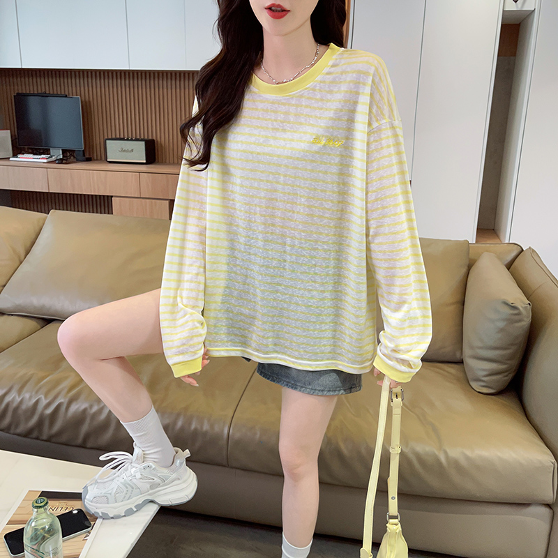 실사 스트라이프 눈꽃 면 긴팔 자외선 차단 블라우스 여성 한국 스타일 라운드 넥 캐주얼 패션 청춘 다용도 맨위