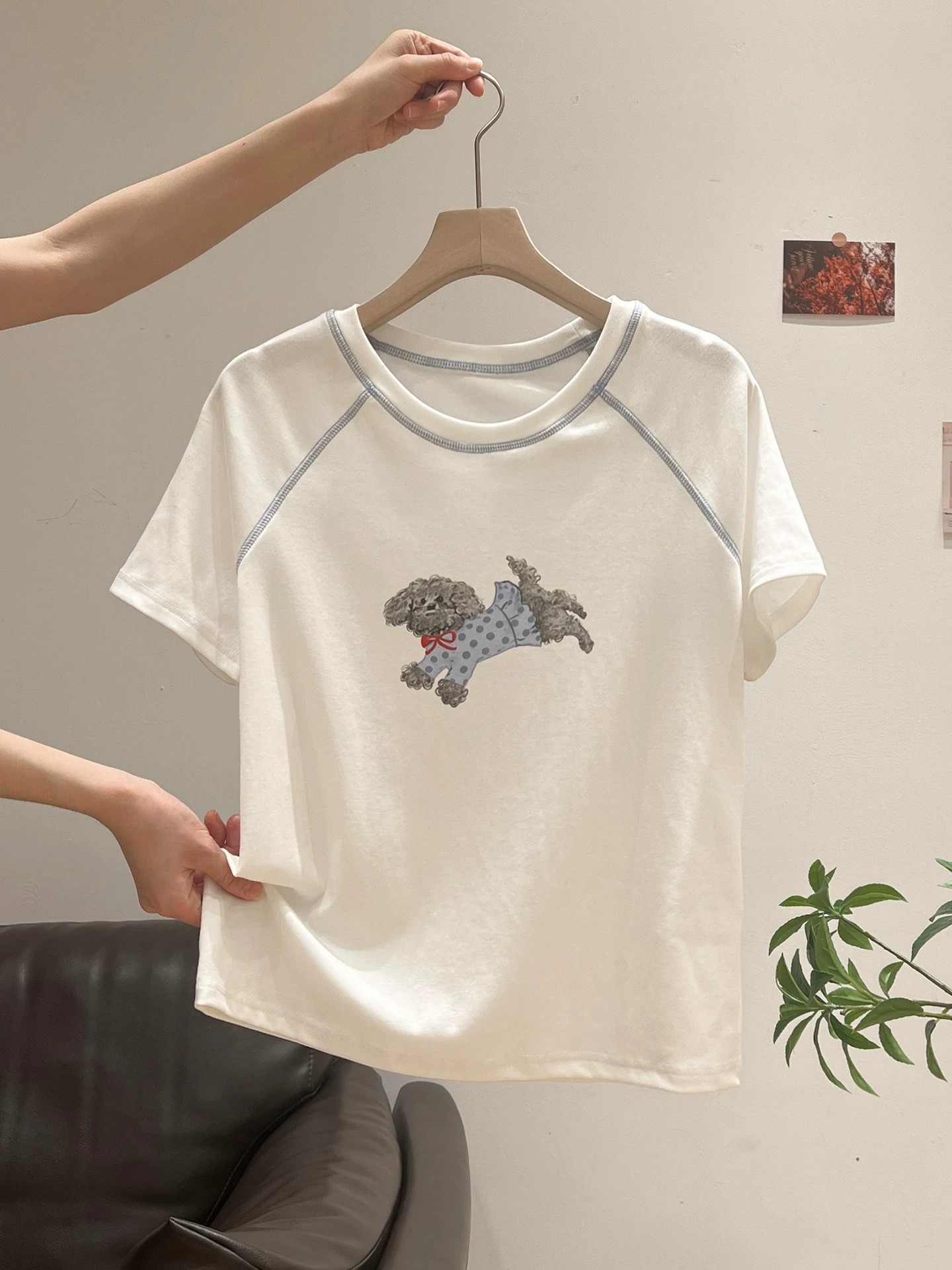 40 1 1 순면 디자인 센스 작은 대중 강아지 프린트 반팔 티셔츠 여성 여름