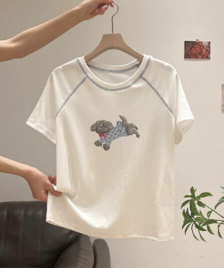 40 1 1 순면 디자인 센스 작은 대중 강아지 프린트 반팔 티셔츠 여성 여름
