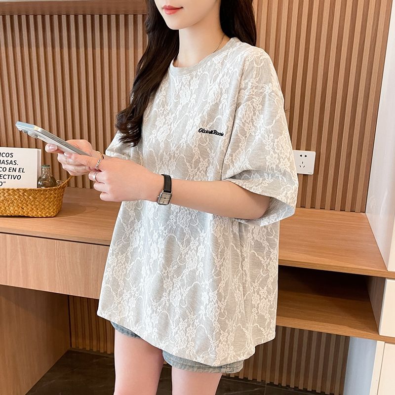 실사 레이스 꽃 원단 자수 느슨함 센스 레트로 반팔 티셔츠 여성