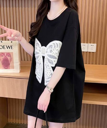 흔들어서 톤 품질 순면 이후 패키지 칼라 루즈핏 빅 사이즈 자수 나비 매듭 맨위 티셔츠
