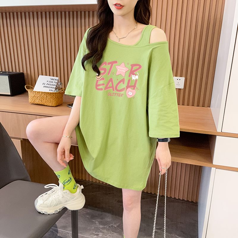 실사 흔들어서 톤 품질 순면 디자인 센스 루즈핏 오프숄더 패션 반팔 t
