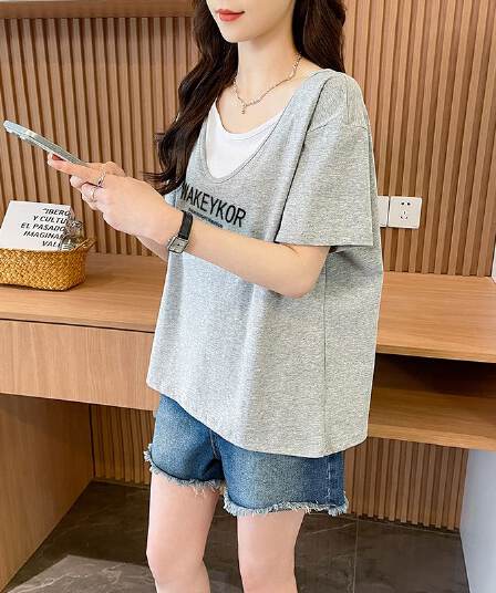 실사 흔들어서 톤 품질 순면 이후 패키지 칼라 루즈핏 페이크 레이어드 배색 디자인 센스 반팔 t