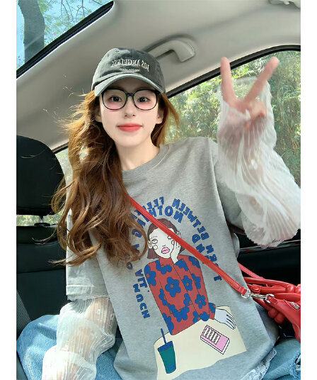 순면 210 그램 특별 빅 사이즈 300 근 자외선 차단 망사 패치워크 페이크 레이어드 프린트 반팔 티셔츠