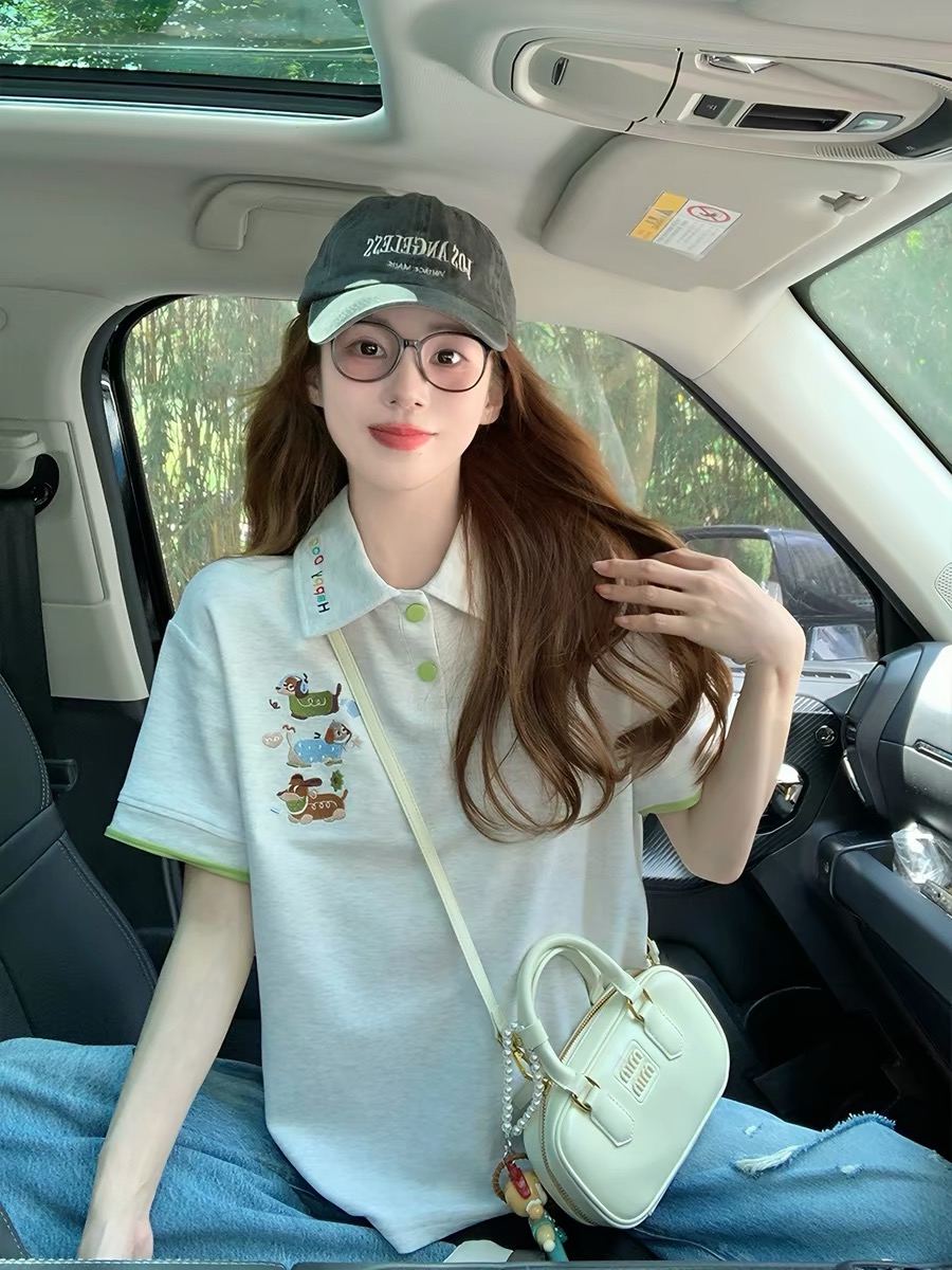 전체 조각 바느실 19 지점 순면 220 그램 칼라 케이블 루오 Na 테두리 당겨서 어깨 자수 POLO 칼라 티셔츠 여성
