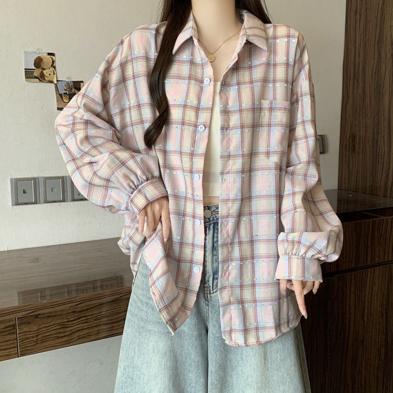 실사 100 폴리 에스터 핑크색 격자 무늬 셔츠 여성 코트 여름 한 부서 루즈핏 긴팔 태양 보호 셔츠