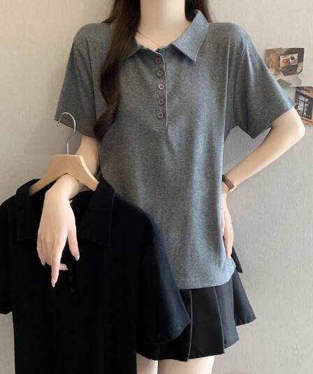 실사 92 면 POLO 칼라 몸매 가꾸기 긍정적 인 어깨 반팔 티셔츠 여성 슬림해 보이는 표지 고기 트임 맨위