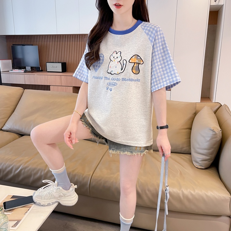 실사 2026 새로운 180 그램 남자 바 면 루즈핏 패치 자수 체크무늬 라운드 넥 반팔 여성