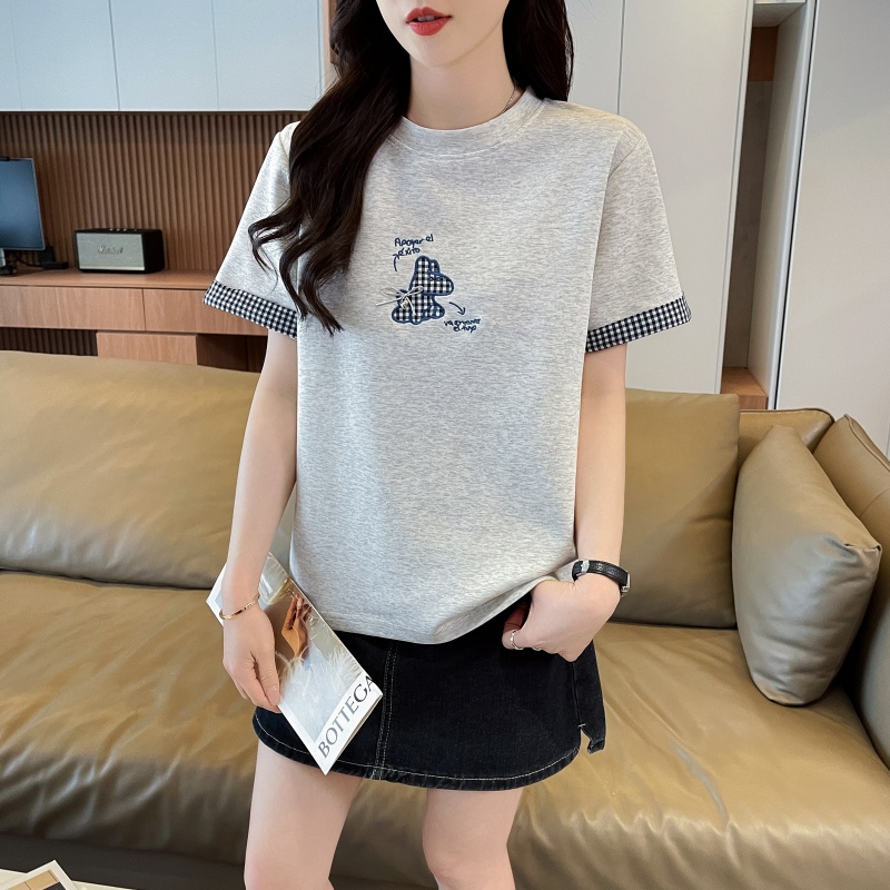 실사 새로운 180 그램 남자 바 면 루즈핏 패치 자수 체크무늬 라운드 넥 반팔 여성
