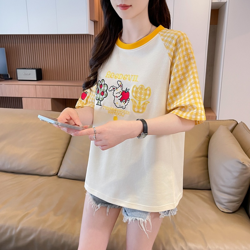 실사 새로운 180 그램 남자 바 면 루즈핏 패치 자수 체크무늬 라운드 넥 반팔 여성