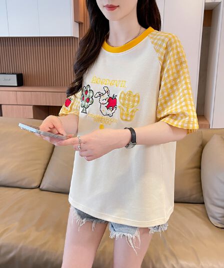 실사 새로운 180 그램 남자 바 면 루즈핏 패치 자수 체크무늬 라운드 넥 반팔 여성