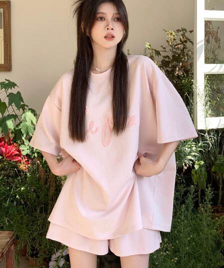 6535 물고기 규모 운동복 세트 여성 여름 루즈핏 한국 스타일 학생 반팔 반바지 투피스 세트 ins