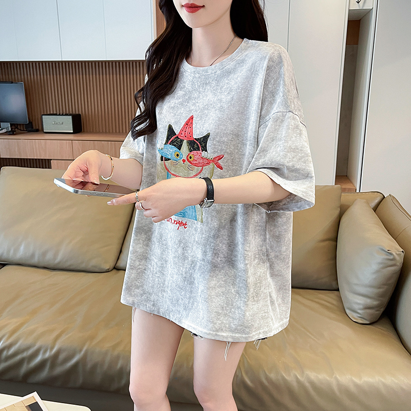 실사 눈꽃 면 침투 홀치기 염색 티셔츠 여성용 짧은 소매 여름 새로운 패션 루즈핏 대 에디션 맨위 서비스 ins