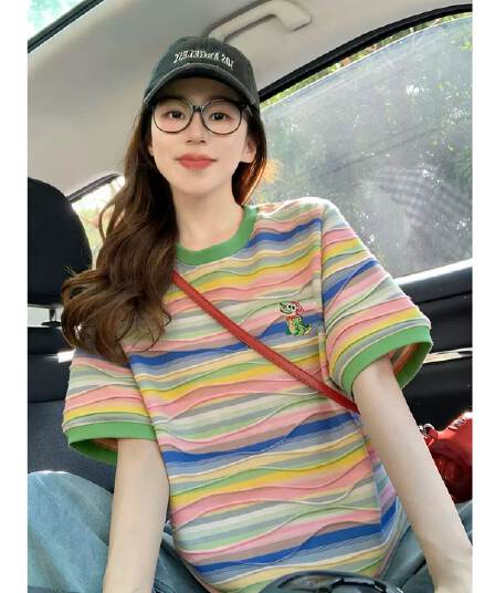 원본 컬러 짜임 기사 면 이후 패키지 칼라 색상 스트라이프 순면 반팔 티셔츠 여성 자수 맨위