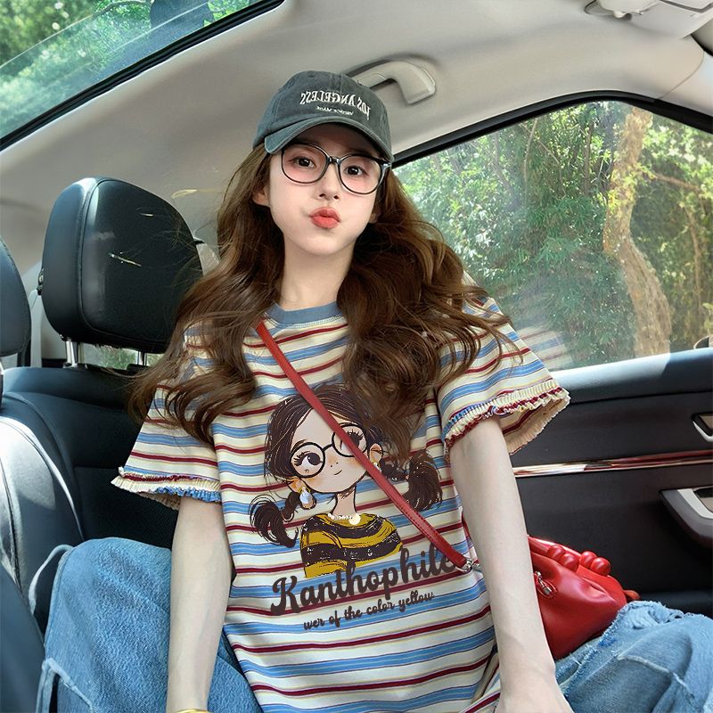 95 면 5 암모니아 Lun 컬러 짜임 기사 전체 조각 바느실 원본 솜씨 리브 네클라인 순면 반팔 티셔츠 여성
