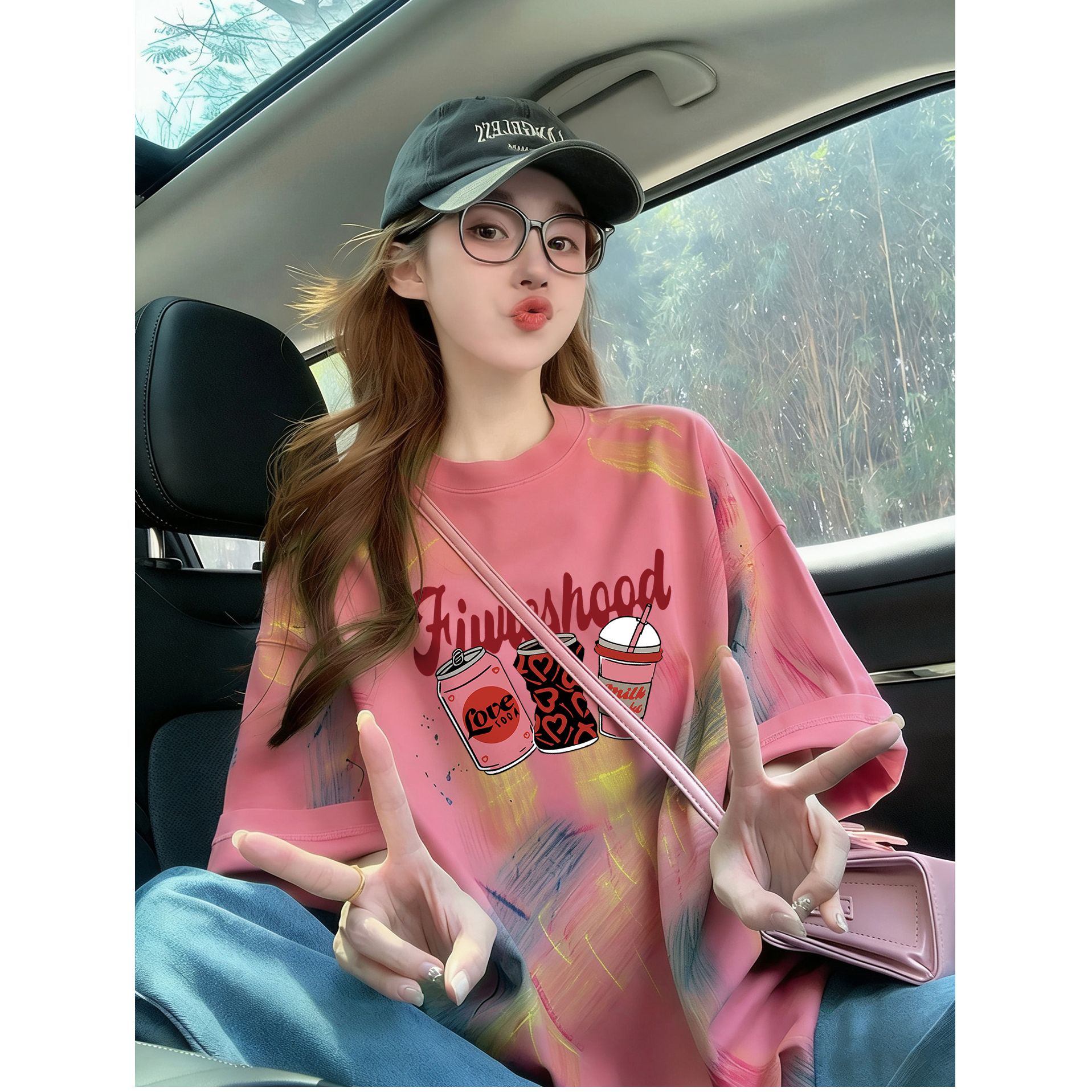 순면 이후 패키지 칼라 홀치기 염색 중간 길이 티셔츠 여성 유럽 상품 알파벳 프린트 대 에디션 루즈핏 맨위