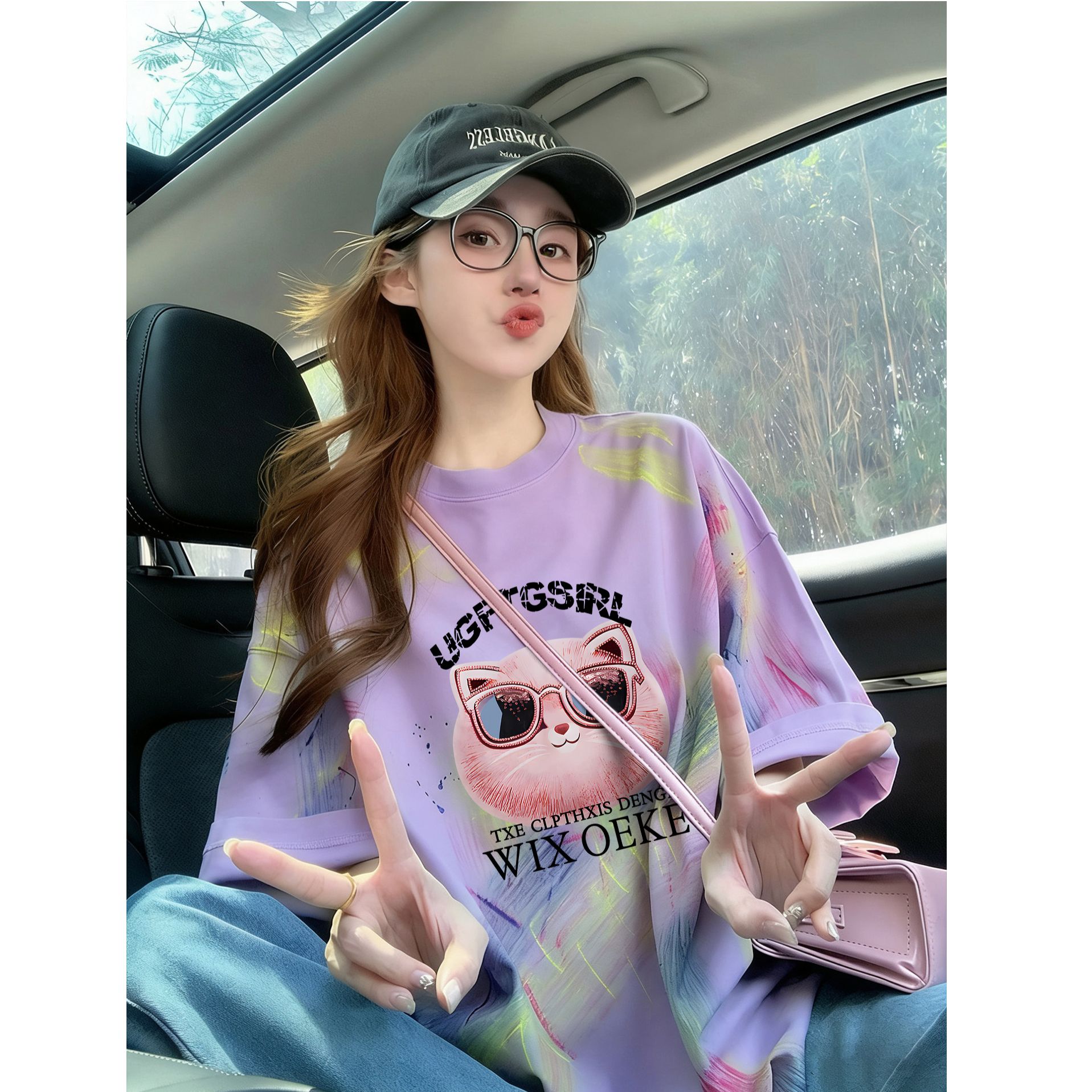 순면 이후 패키지 칼라 홀치기 염색 중간 길이 티셔츠 여성 유럽 상품 알파벳 프린트 대 에디션 루즈핏 맨위