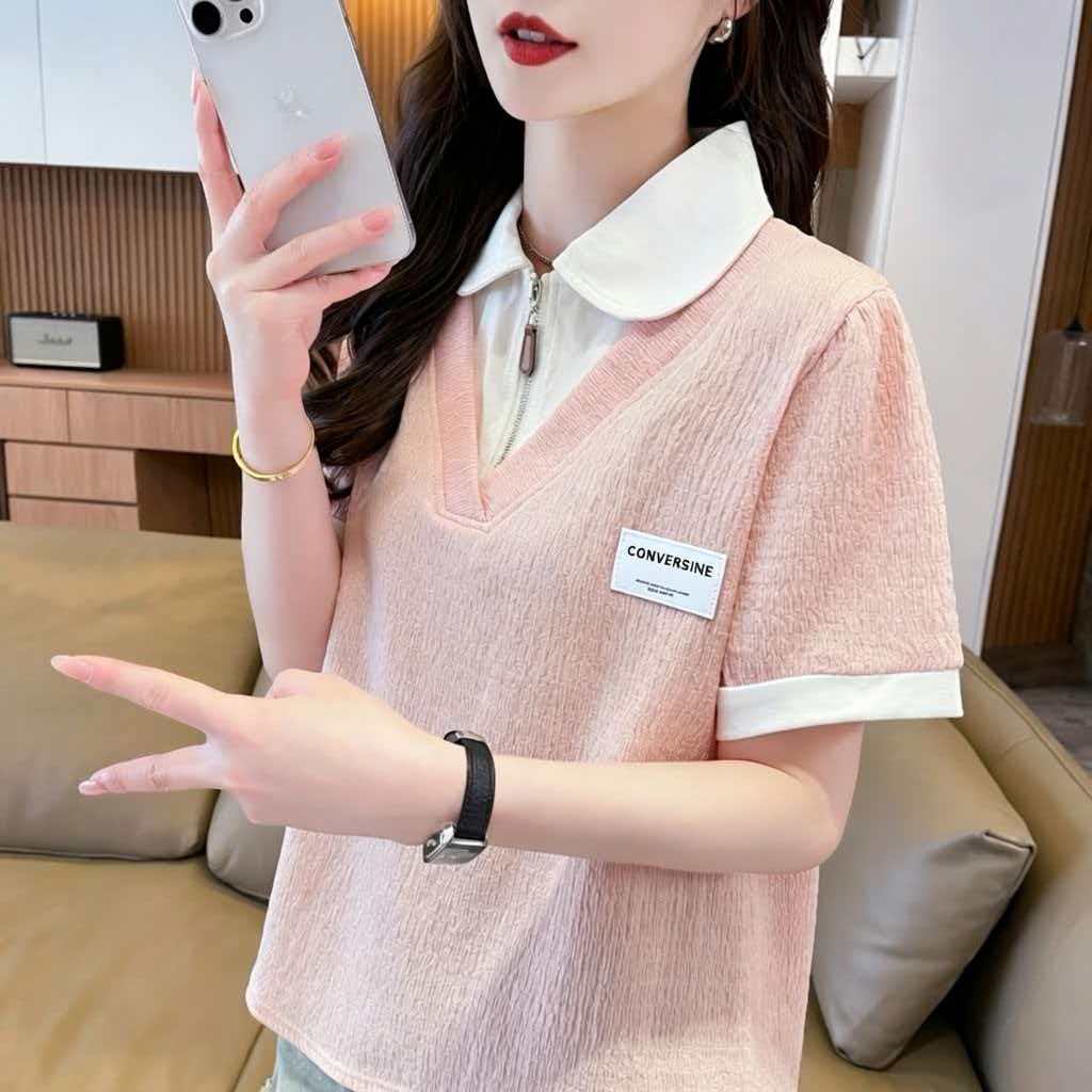 실사 2026 여름 새로운 한국 스타일 페이크 레이어드 루즈핏 캐주얼 반팔 POLO 칼라 티셔츠 여성
