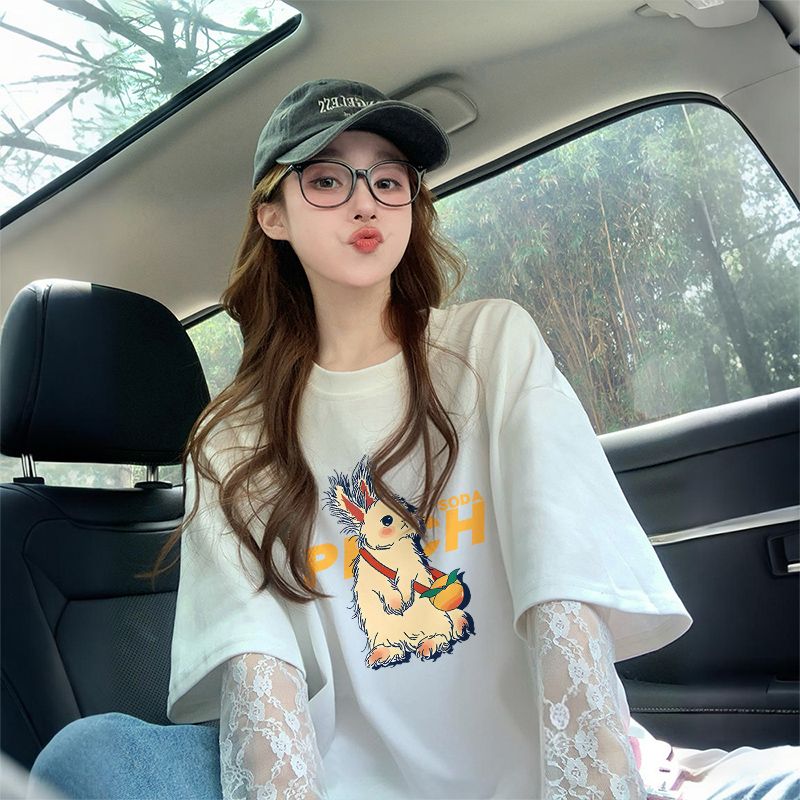순면 이후 패키지 칼라 레이스 조각 자외선 차단 루즈핏 티셔츠 여성 한국 스타일 연령 감소 페이크 레이어드 다용도 맨위