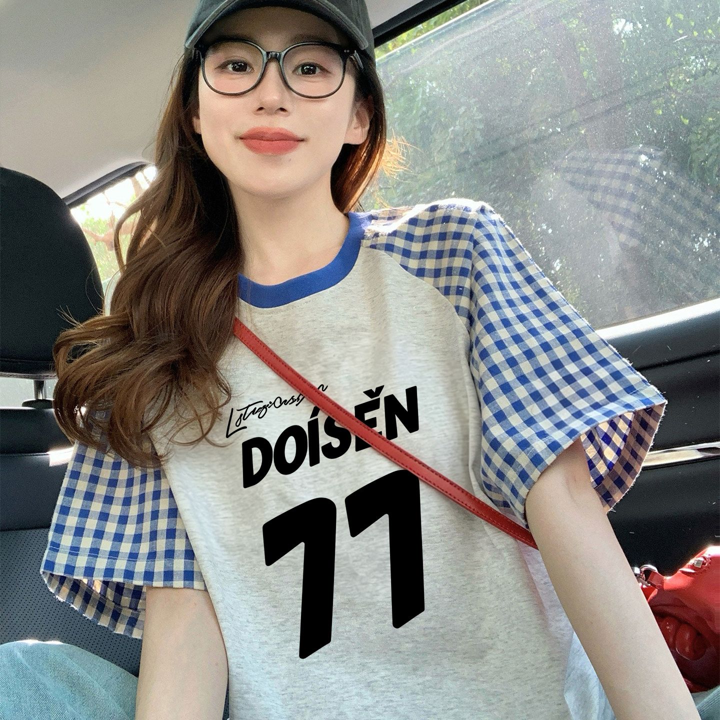 220 그램 순면 이후 패키지 칼라 체크무늬 배색 삽입 어깨 반팔 티셔츠 여성 2026 여름 프린트 맨위