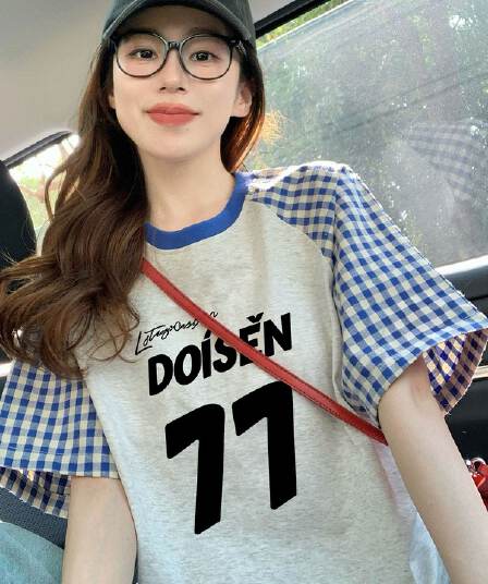 220 그램 순면 이후 패키지 칼라 체크무늬 배색 삽입 어깨 반팔 티셔츠 여성 2026 여름 프린트 맨위